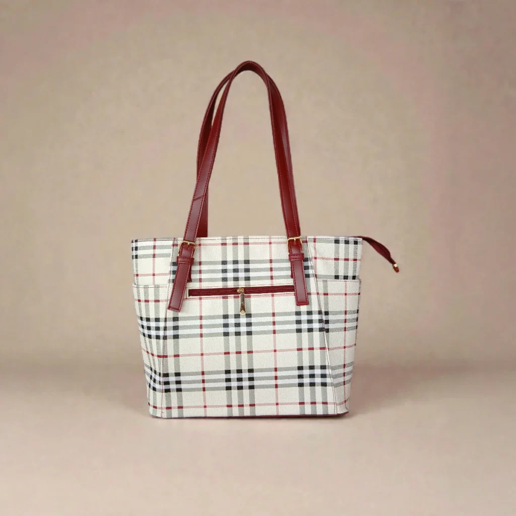 Back view of classic checkered white tote handbag with red straps