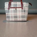Classic checkered white tote handbag with back zip pocket