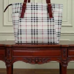 Classic checkered white tote handbag front view