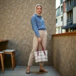 Model holding classic checkered white tote handbag outdoors