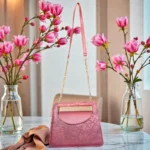 Brick red embossed floral mini crossbody bag hanging on hook showing embossed floral texture handle cutout and chain strap
