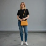Woman wearing embossed floral mini crossbody bag in mustard yellow for everyday styling