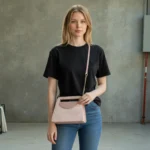 Soft pink embossed floral mini carry crossbody handbag worn crossbody by a woman wearing black t-shirt and blue jeans front view
