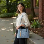 Woman wearing embossed koi leather shoulder handbag in ice blue outdoors, shoulder carry style
