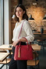 Woman holding embossed maroon koi leather shoulder handbag at restaurant