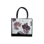 Back view of fabric floral printed crossbody handbag in black
