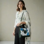 Woman carrying green floral printed crossbody handbag showing size and crossbody style