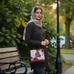 Woman carrying maroon floral printed crossbody handbag for daily use