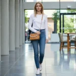 Woman wearing camel quilted crossbody handbag with pearl chain indoors