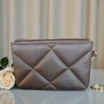 Back view of coffee brown quilted crossbody bag without pearl chain