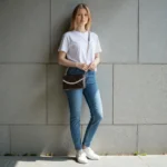 Model wearing coffee brown pearl chain quilted crossbody bag crossbody style