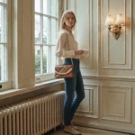 Model wearing tan brown pearl chain quilted crossbody bag crossbody style
