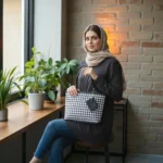 Woman holding black and white houndstooth printed ladies tote bag with detachable zip pouch in indoor setting