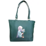 Printed deep green ladies tote bag with floral illustration on leather surface and dual shoulder straps