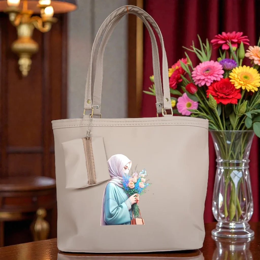 Printed ladies tote bag in soft beige color with floral illustration, dual shoulder handles, and minimalist design