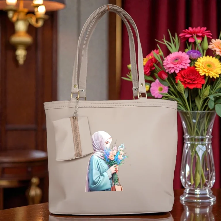 Printed ladies tote bag in soft beige color with floral illustration, dual shoulder handles, and minimalist design