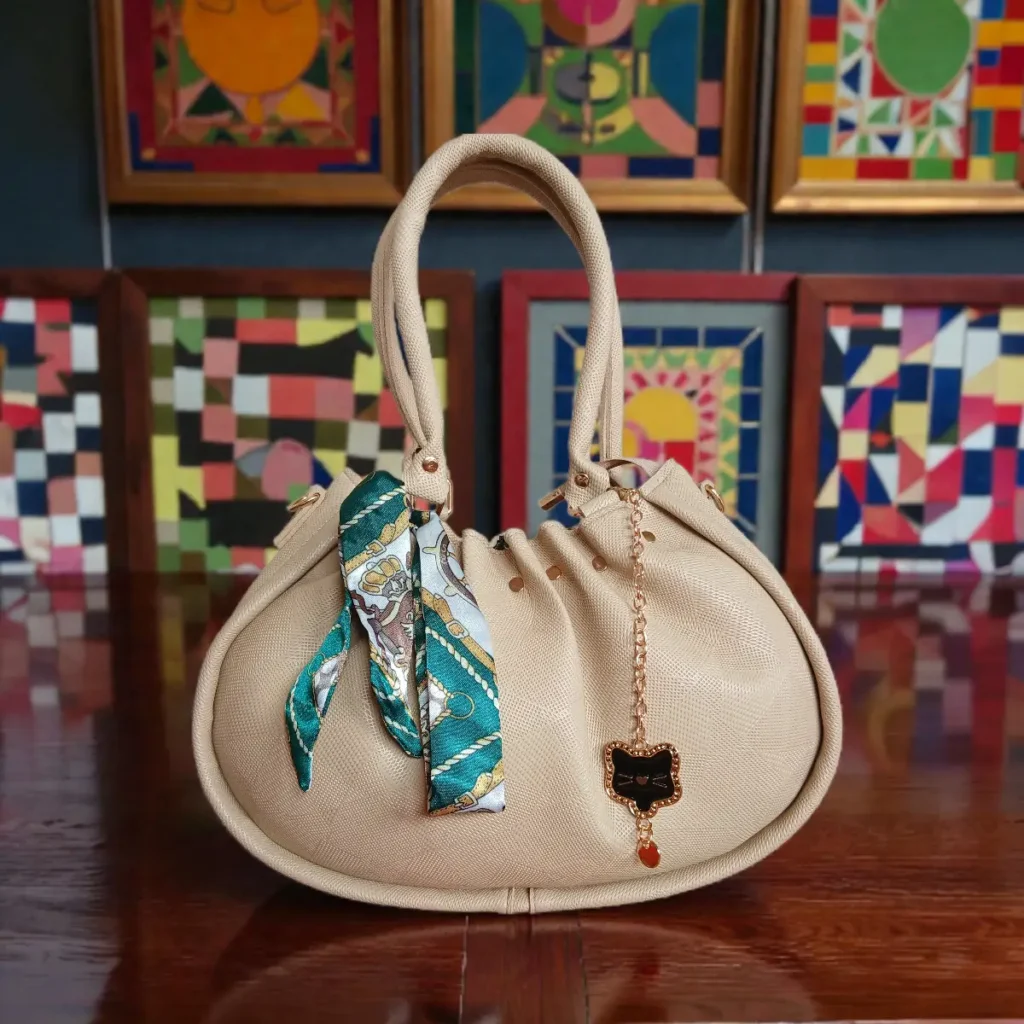 Soft Drawstring Handbag with Scarf Detail – Beige