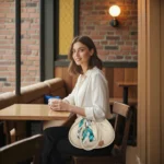 Model wearing beige drawstring handbag with scarf detail in casual setting