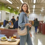 Model wearing beige textured pearl detail crossbody bag