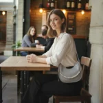 Model wearing grey textured pearl detail crossbody bag