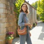 Woman wearing tan brown textured pearl detail crossbody bag in outdoor setting