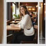 White textured crossbody bag worn crossbody style by model