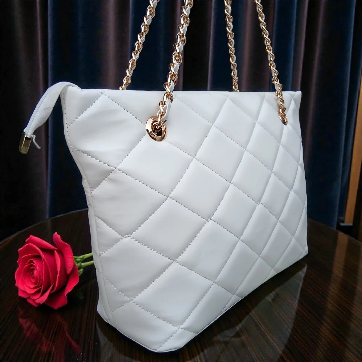 Close angle front view of Classic Quilted Chain Strap Tote Bag Pearl White highlighting diamond quilt texture and gold chain detail