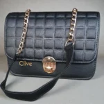 Front flap view of jet black grid embossed leather crossbody purse with gold lock and chain strap