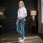 Model wearing jet black embossed grid leather crossbody bag styled with casual outfit