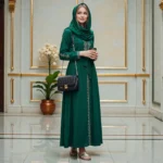 Model wearing jet black embossed grid leather crossbody bag styled with casual outfit