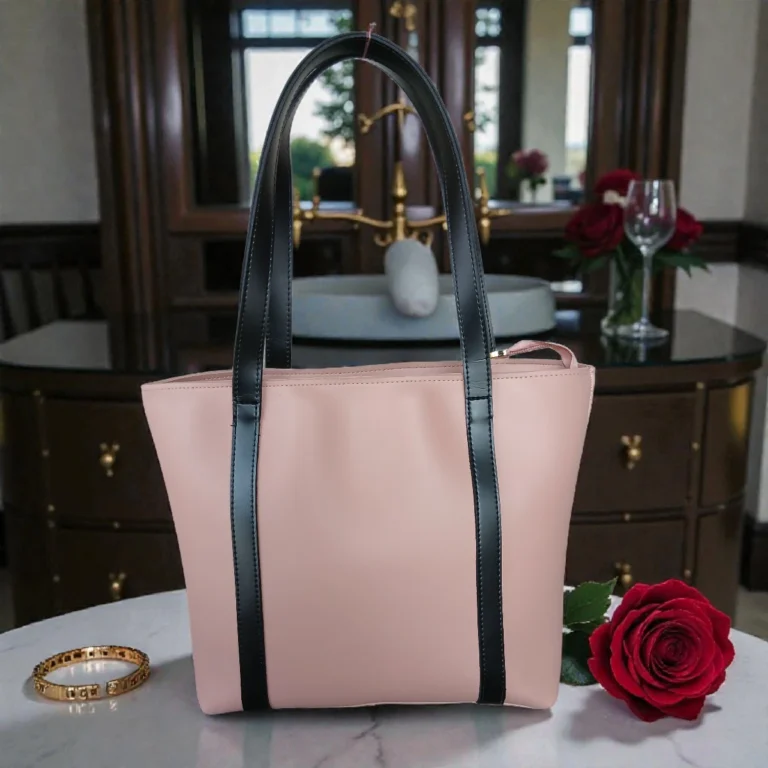 Minimal Contrast Strap Tote Handbag – Blush Pink front view with black straps on marble table