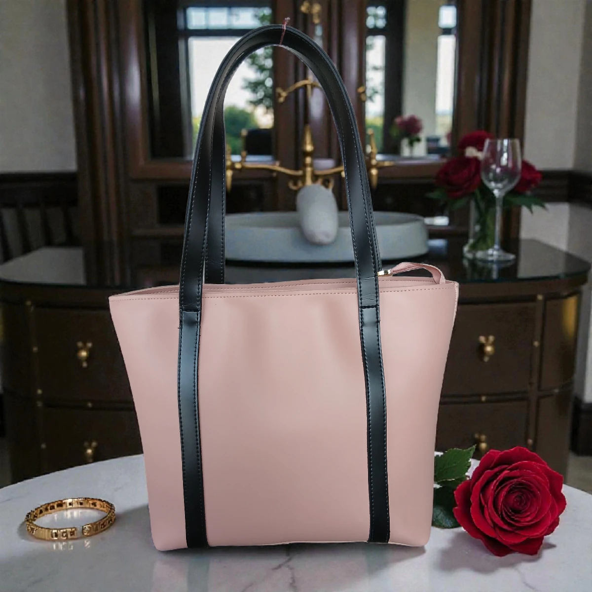 Minimal Contrast Strap Tote Handbag – Blush Pink front view with black straps on marble table