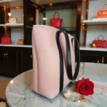 Minimal Contrast Strap Tote Handbag Blush Pink side angle structured shape view