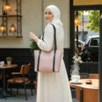 Minimal Contrast Strap Tote Handbag Blush Pink shoulder carry model view