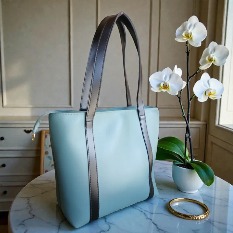 Minimal dusty blue tote handbag with black straps side angle view placed near orchid flowers